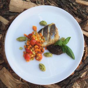 Grilled sea bass with pumpkin salsa and tapenade