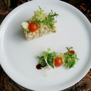 Olivier Salad with light-salted salmon
